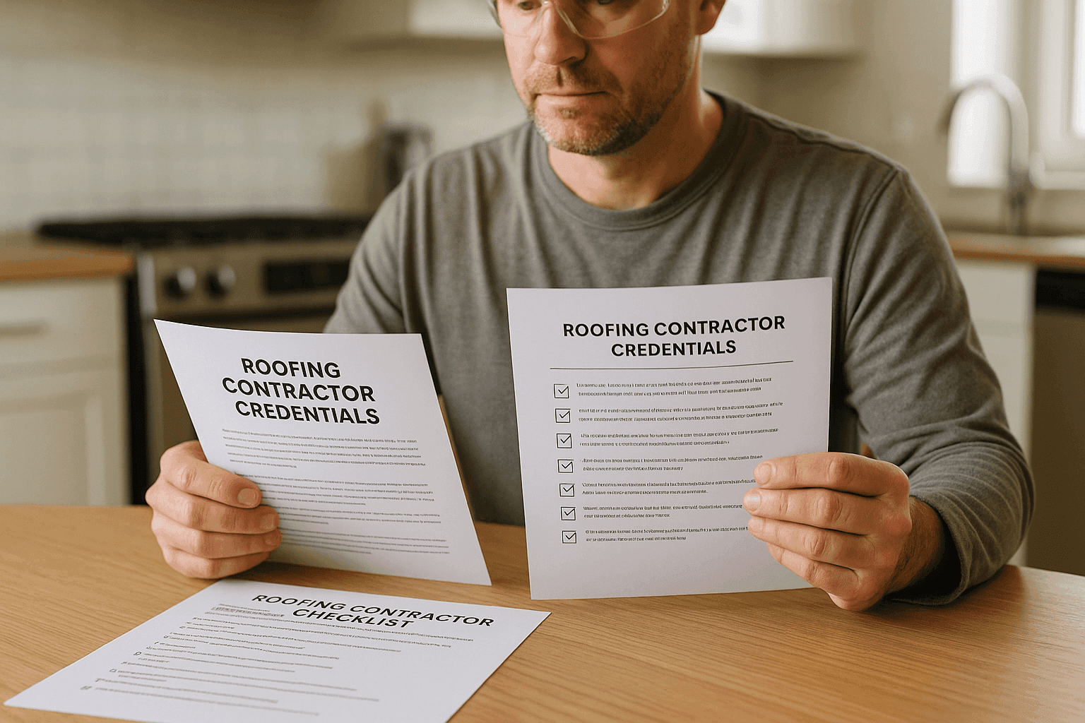 Homeowner reviewing roofing contractor credentials and checklist