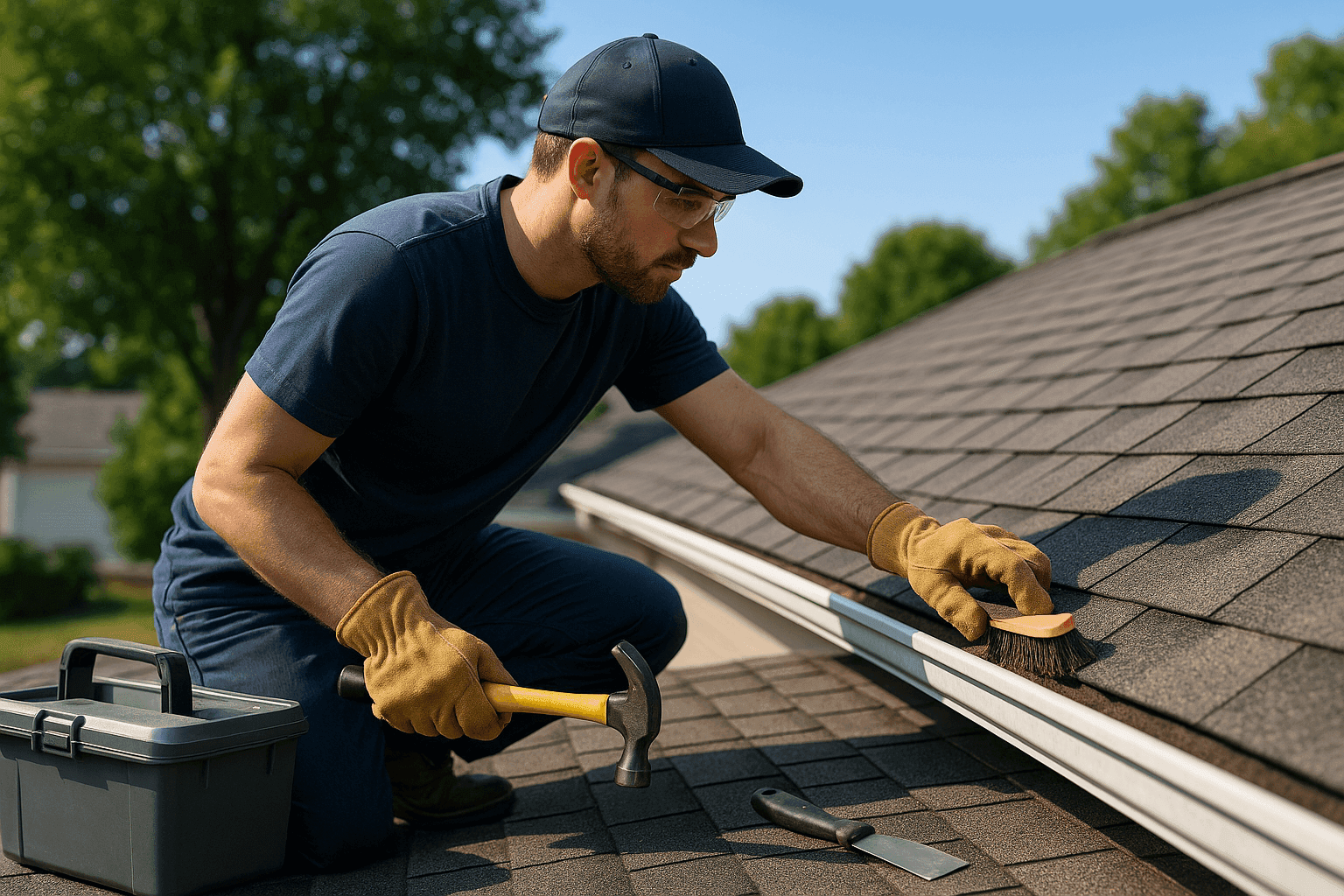 Trabajador de techos realizando mantenimiento en un techo residencial de tejas