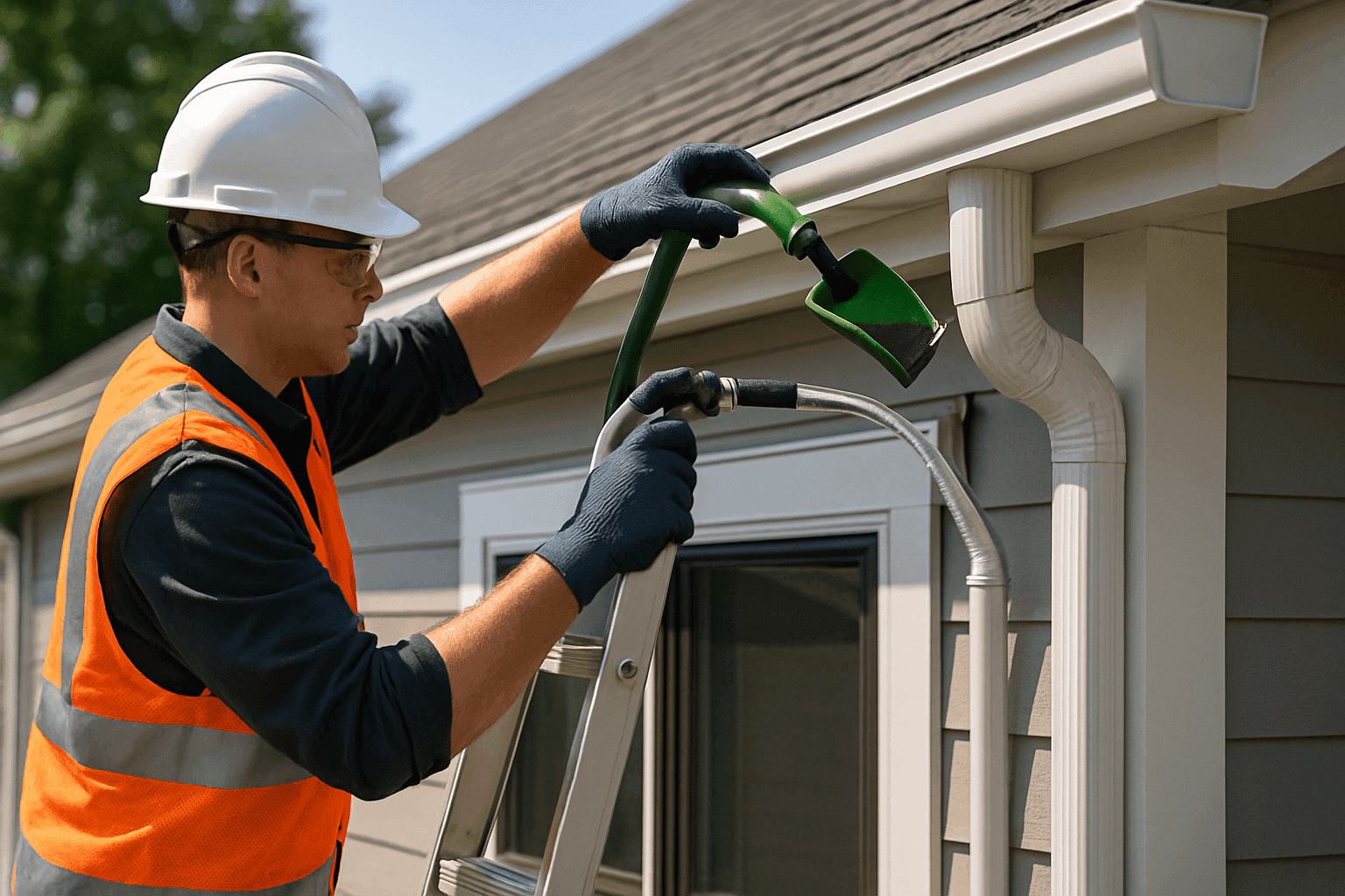 Technician cleaning gutters and inspecting downspouts on a house