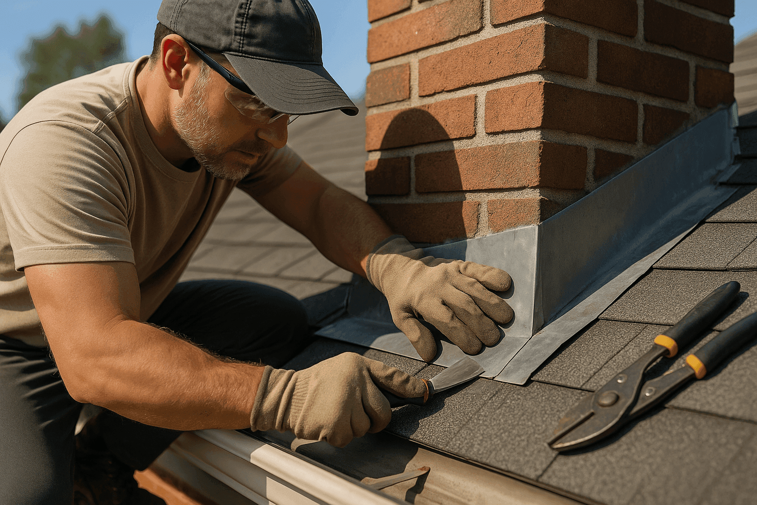 Roofing expert repairing metal roof flashing near chimney to prevent leaks
