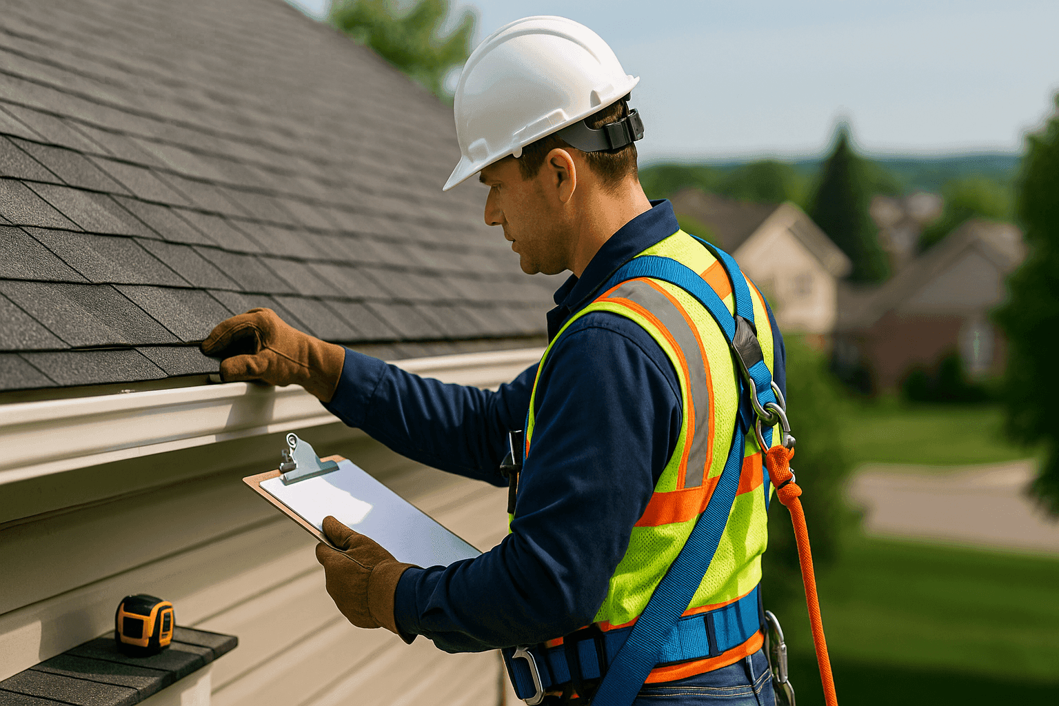 Roof inspector checking shingles and gutters before storm season