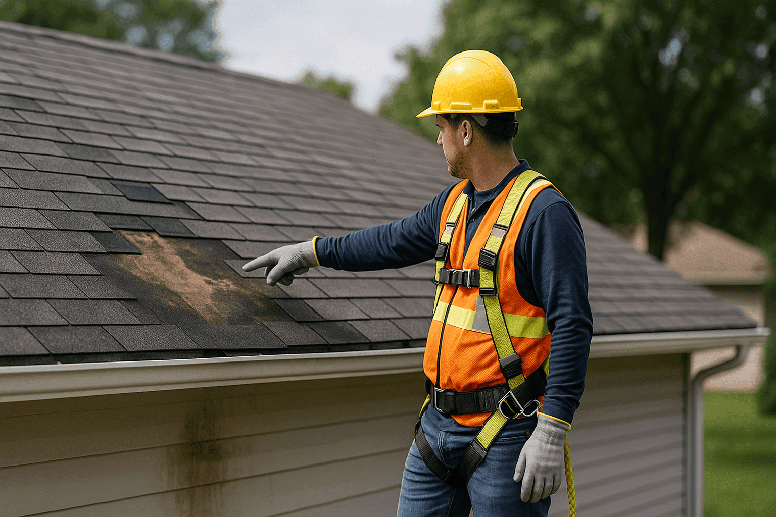 Roofer pointing at missing shingles and water stains on a roof
